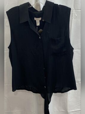 Chico's Women Black Collared Sleeveless Button Tie Waist Poly Blouse sz 1